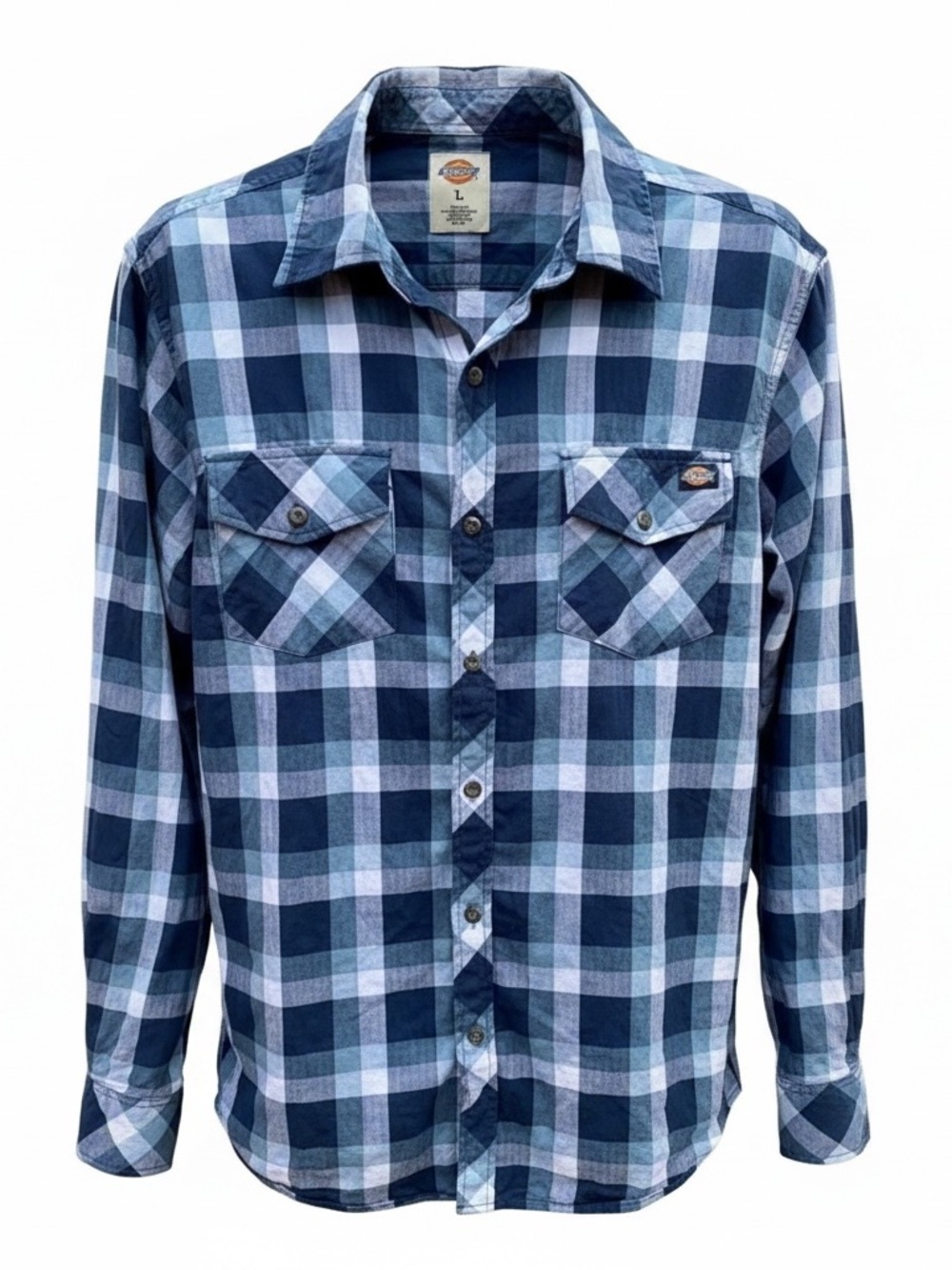 Dickies Button Up Plaid 2 Pocket Western Lightweight Flannel Shirt Blue & White